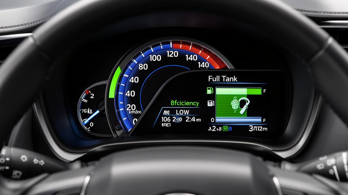 Cheapest car running costs for Uber drivers showing hybrid vehicle fuel efficiency dashboard