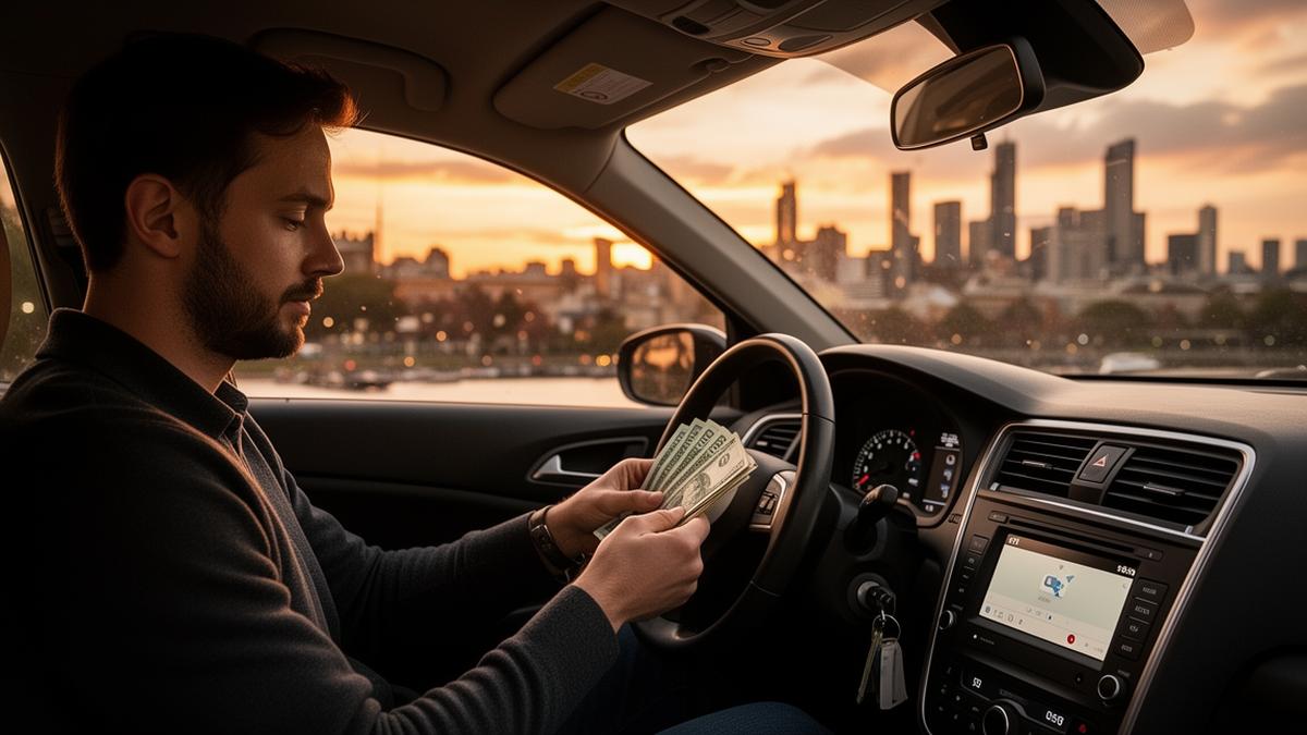 Uber driver calculating weekly profit in Melbourne with earnings on phone