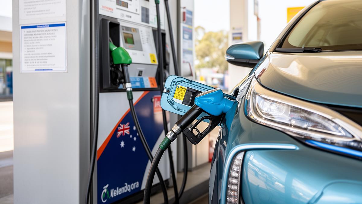 Uber driver fuel cost showing hybrid car at petrol station in Australia